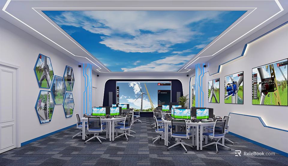 School Computer Classroom With Blue Sky Cloud Ceiling Hexagonal Wall Displays And Student Computers 3d model