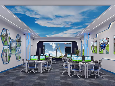School Computer Classroom With Blue Sky Cloud Ceiling Hexagonal Wall Displays And Student Computers 3d model