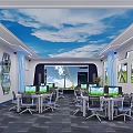 School Computer Classroom With Blue Sky Cloud Ceiling Hexagonal Wall Displays And Student Computers 3d model