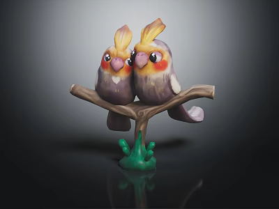 Two Colorful Parrot Models Perched On Branch With Green Base And Dark Background 3d model