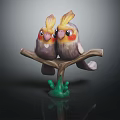 Two Colorful Parrot Models Perched On Branch With Green Base And Dark Background