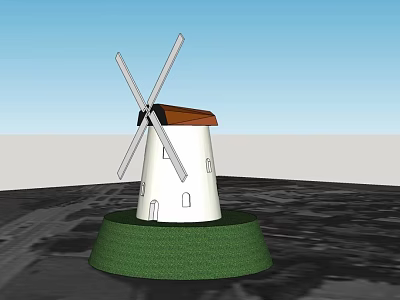 Classic Windmill Structure Featuring White Tower Brown Roof White Blades And Green Base 3d model