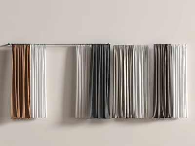 Various Colored Elegant Curtains In Brown White Grey Shades Hanging On Rod 3d model