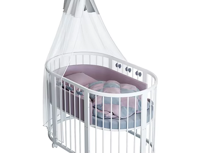 Cozy White Baby Crib with Curved Rails and Pink Purple Quilts Plus White Canopy 3d model