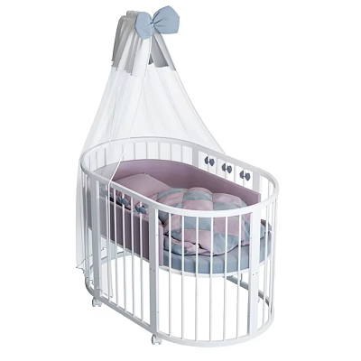 Cozy White Baby Crib with Curved Rails and Pink Purple Quilts Plus White Canopy 3d model