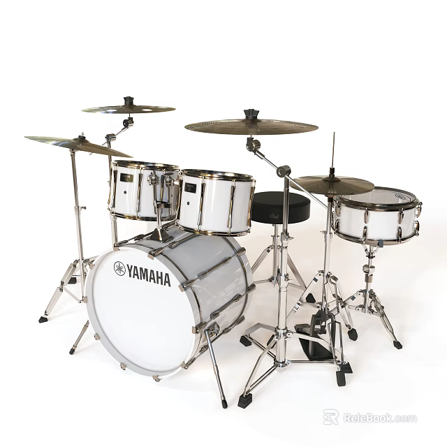 YAMAHA Complete Drum Set With White Shells Metal Hardware Cymbals And Black Throne 3d model