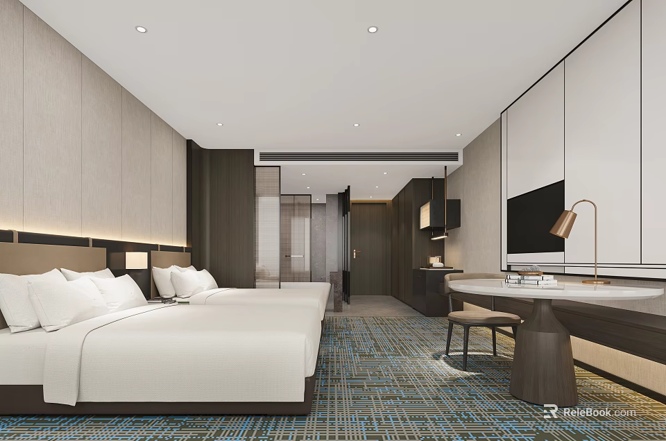 Modern Hotel Room Interior With Two Beds White Bed Linens Patterned Carpet Desk And TV 3d model 