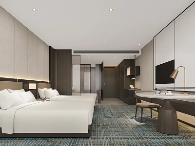 Modern Hotel Room Interior With Two Beds White Bed Linens Patterned Carpet Desk And TV 3d model
