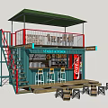 Container Building Street Cafe With Bar Counter Bar Stools Wooden Barrel Seats And Green Canopy