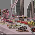 Tea Break Area With Various Desserts Fresh Fruits Sushi Pink Decor And Cartoon Figure
