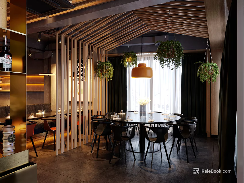 Modern Restaurant Interior With Wooden Partitions Pendant Lights Hanging Plants Round Dining Table And Chairs 3d model 