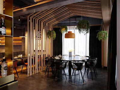 Modern Restaurant Interior With Wooden Partitions Pendant Lights Hanging Plants Round Dining Table And Chairs 3d model