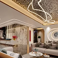 Modern Hotel Lobby With Circular Ceiling Lights Moon Shaped Decor Green Plants And Marble Floor
