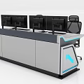 Modern Office Desk With Multiple Computer Monitors Black Ergonomic Chairs And Blue Accent Lines