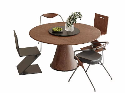 Modern Round Wooden Table and Chair Set With Green Plant Fruit Tray and Unique Chair Designs 3d model