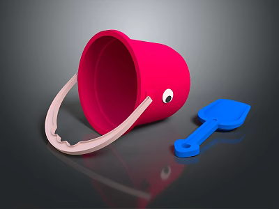 Colorful Children Storage Furniture With Red Bucket And Blue Shovel Accessory 3d model
