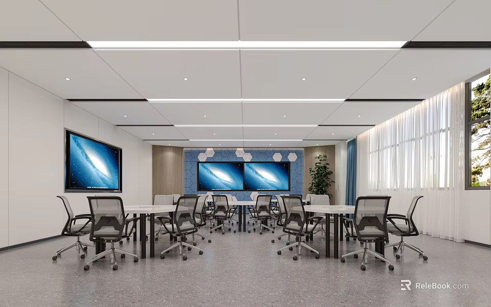 School Meeting Room Featuring Long Tables Chairs Large Screens Blue Walls Windows And Green Plants 3d model 