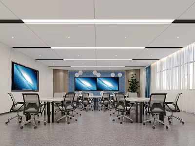 School Meeting Room Featuring Long Tables Chairs Large Screens Blue Walls Windows And Green Plants 3d model