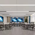 School Meeting Room Featuring Long Tables Chairs Large Screens Blue Walls Windows And Green Plants