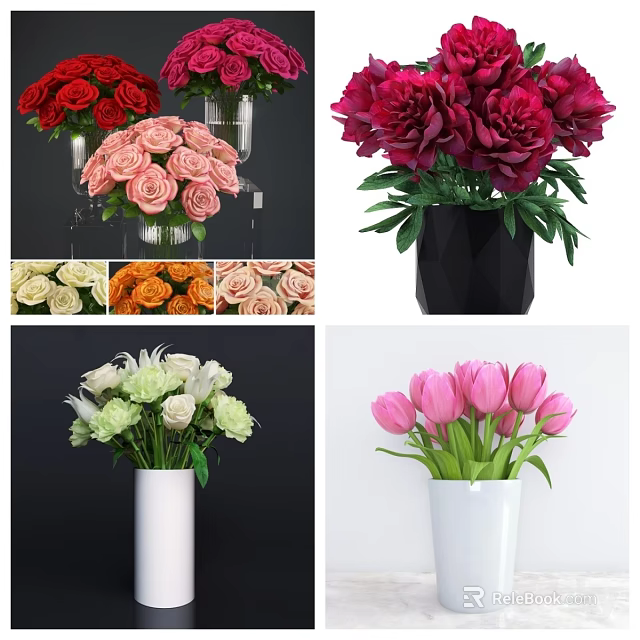 Modern Vases with Assorted Fresh Flowers Including Roses Peonies and Tulips 3d model 