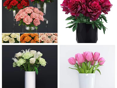 Modern Vases with Assorted Fresh Flowers Including Roses Peonies and Tulips 3d model