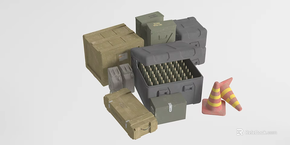 Weapon Storage Cases with Ammunition Rounds in Open Box and Traffic Cones 3d model 