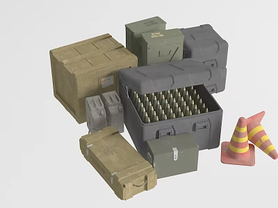 Weapon Storage Cases with Ammunition Rounds in Open Box and Traffic Cones 3d model