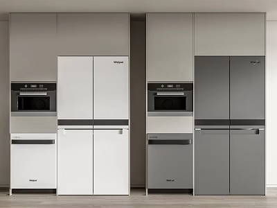 Modern Kitchen Interior With White And Gray Refrigerators Oven And Cabinets 3d model