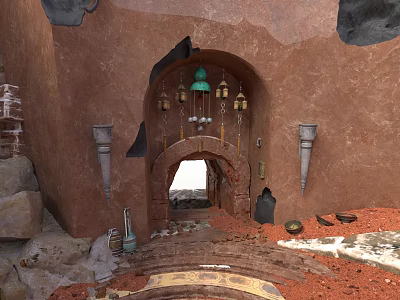 Traditional Adobe Interior With Arched Doorway Hanging Bells And Conical Decorations 3d model
