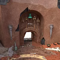 Traditional Adobe Interior With Arched Doorway Hanging Bells And Conical Decorations