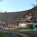 Scenic Wooden Guesthouse Buildings In Forest With Slide Stream And Road
