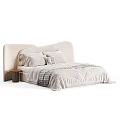 Modern Double Bed with Upholstered Headboard Soft Pillows Cozy Blanket and Wooden Side Table