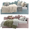 Pastel Pink Blue Children's Beds With Soft Cushions Blankets And Stuffed Toys