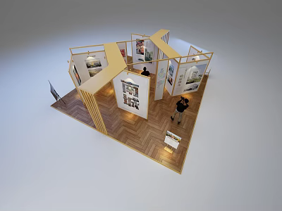 Exhibition Booth With Wooden Frame Display Panels Artworks And Visitors 3d model