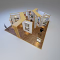 Exhibition Booth With Wooden Frame Display Panels Artworks And Visitors