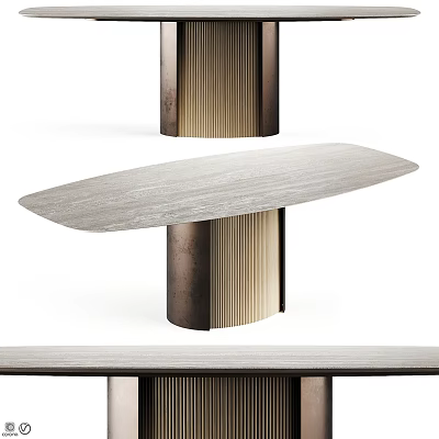 Modern Dining Table With Oval Wooden Top And Pleated Metal Base Design 3d model