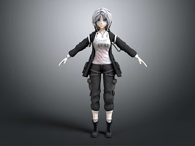 3D Character Model with Silver Hair Blue Eyes Black Jacket Cargo Pants and Outstretched Hands 3d model