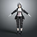 3D Character Model with Silver Hair Blue Eyes Black Jacket Cargo Pants and Outstretched Hands