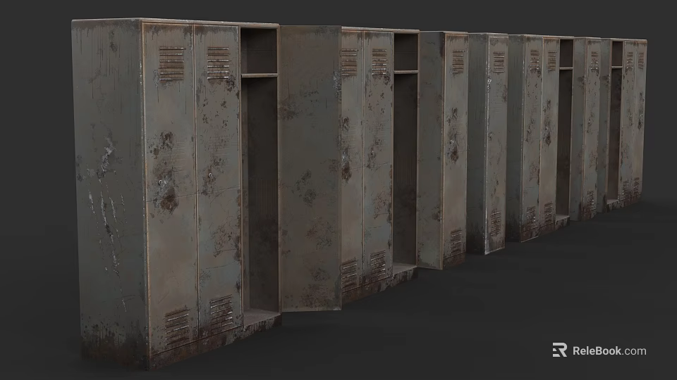Rusty Metal Lockers With Open Doors And Scratched Surfaces In Row 3d model 