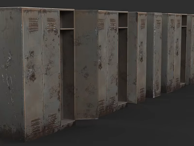 Rusty Metal Lockers With Open Doors And Scratched Surfaces In Row 3d model