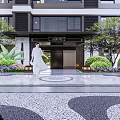 Chinese Garden Landscape Featuring Pagoda Waterfall Stone Bridge Lush Greenery and High-rise Buildings