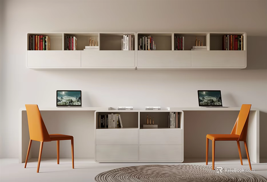 Modern White Desk Interior With Two Laptops Orange Chairs And White Bookshelves 3d model 