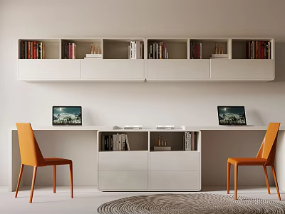 Modern White Desk Interior With Two Laptops Orange Chairs And White Bookshelves 3d model