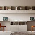 Modern White Desk Interior With Two Laptops Orange Chairs And White Bookshelves