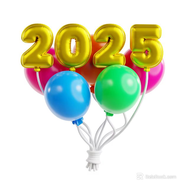 Decorative Ornament Set With Golden 2025 Balloons And Colorful Party Balloons 3d model 