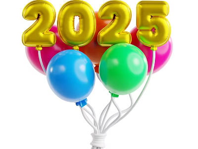 Decorative Ornament Set With Golden 2025 Balloons And Colorful Party Balloons 3d model