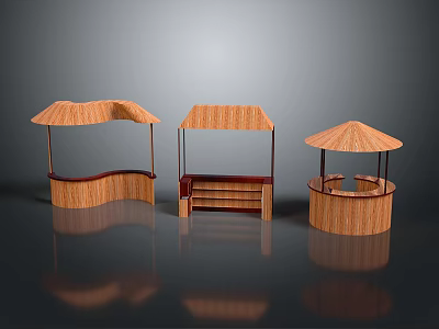 Bamboo Pavilions With Thatched Roofs Curved Counter Shelf And Round Design 3d model