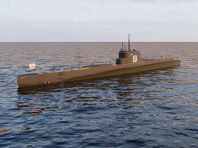 Vintage Military Submarine Floating On Open Ocean Surface With Hull Number 3d model