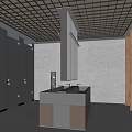 Modern Hotel Bathroom Interior With Black Partitions Gray Walls And Black Vanity With Orange Lighting
