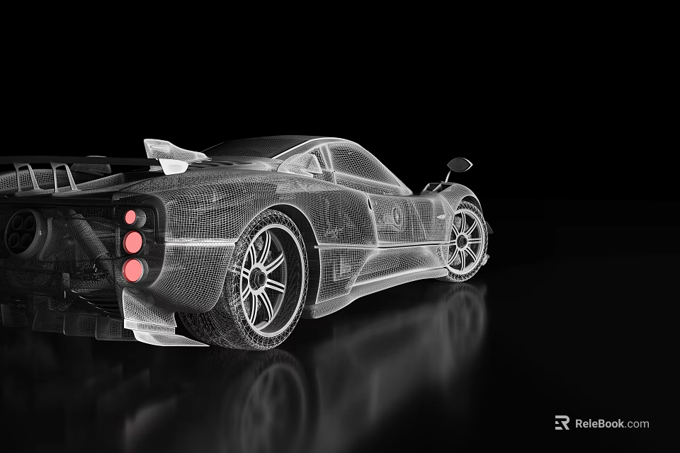 3D Wireframe Sports Car With Streamlined Body Red Tail Lights On Black Background 3d model 